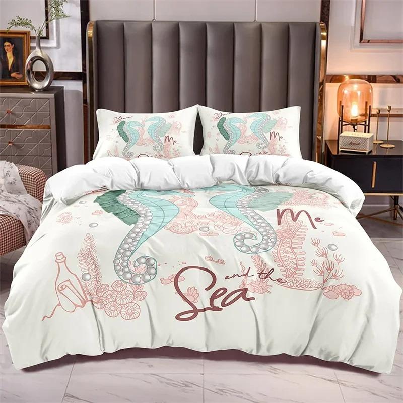 Ocean Bedding Set KingQueen Size Nautical Coastal Bedding Hippocampus Comforter Cover for Kids Boys Girls,Sea Animal Duvet Cover