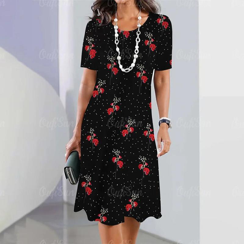 

Модное женское свободное платье-трапеция с принтом в виде О-образного выреза и коротким рукавом с принтом листьев 5XL чёрный