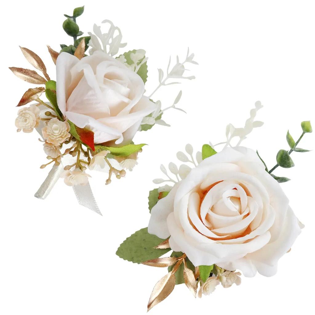 6pcs White Pink Corsage and Boutonniere Set Artificial Rose Wristlet Suit Flower for Men Wedding Party Prom Decoration