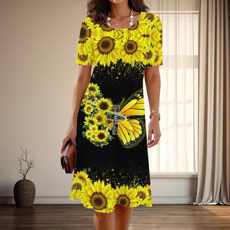 

Женская мода изящные принты с цветами и бабочками лето весна короткие рукава О-образный вырез повседневные платья 5XL жёлтый