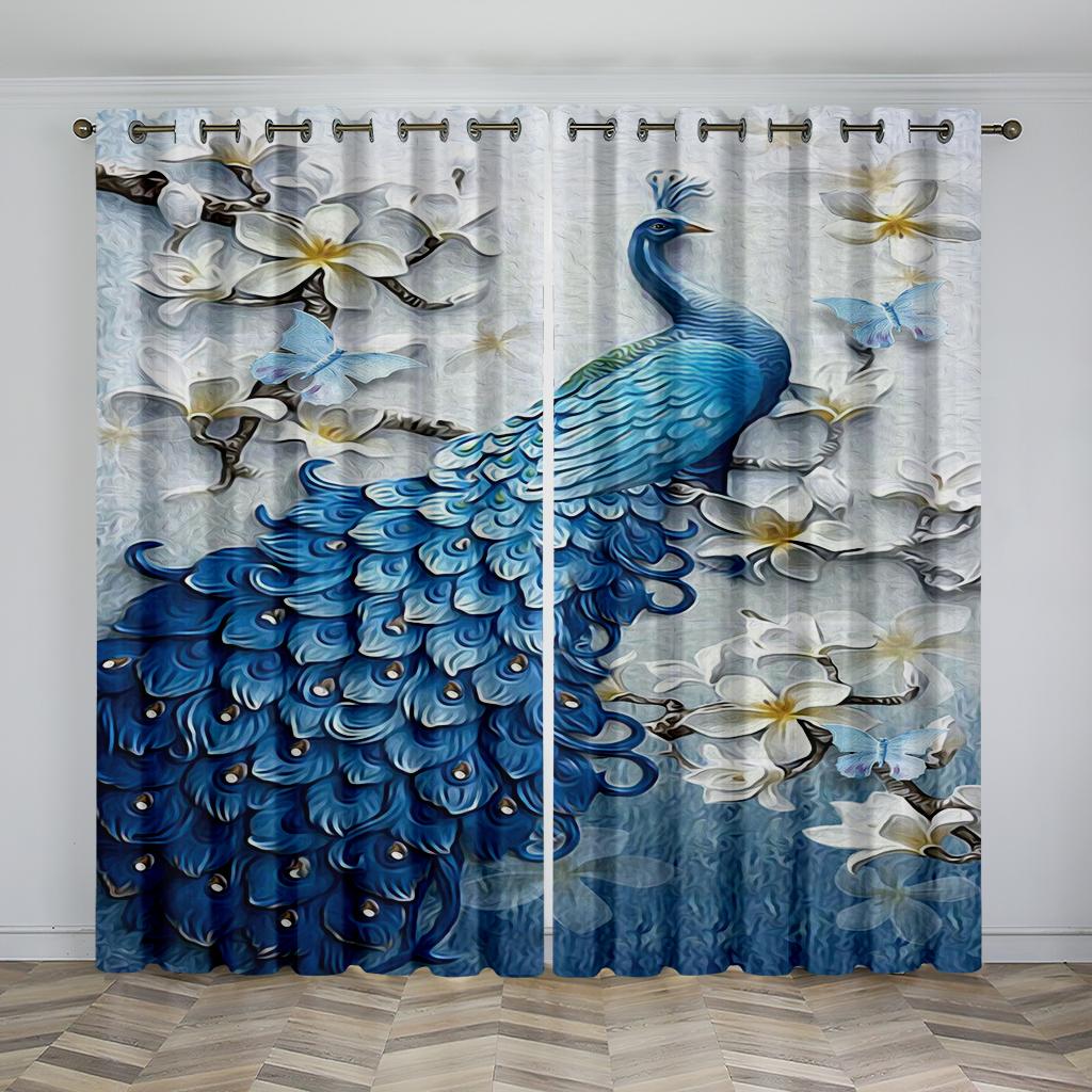 Peacock Blue Feather Animal-themed Blackout Curtains, a Set of Two Panels, Suitable for Decorating Living Rooms, Bedrooms, Studi