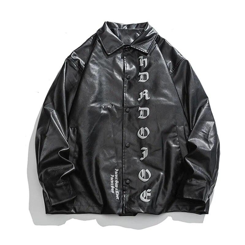 

Японская модная куртка из искусственной кожи с буквенным принтом, мужская повседневная свободная мотоциклетная куртка с воротником с лацканами, мужское пальто в стиле хип-хоп