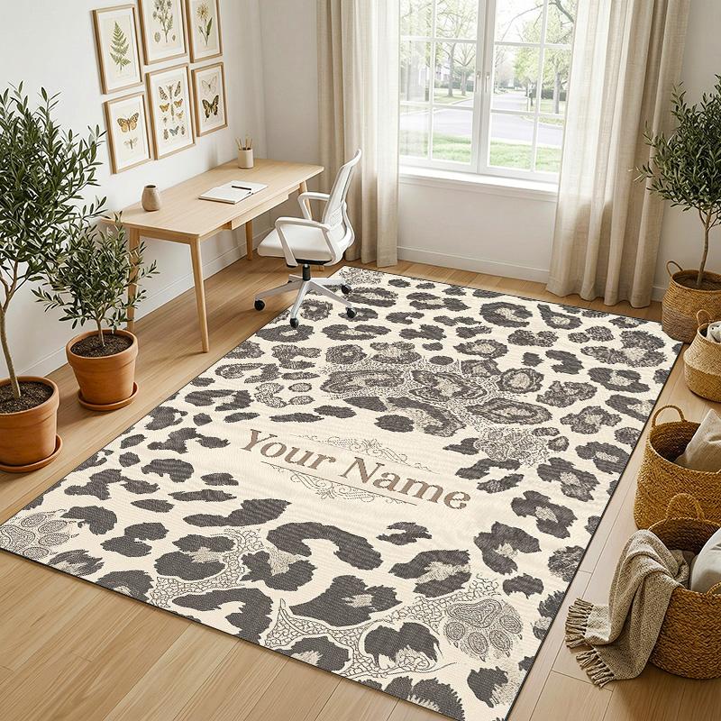 Leopard Ornate Theme Soft Crystal Velvet Rug Custom Name & Text Print Non Slip Floor Rug for Bedroom Living Room