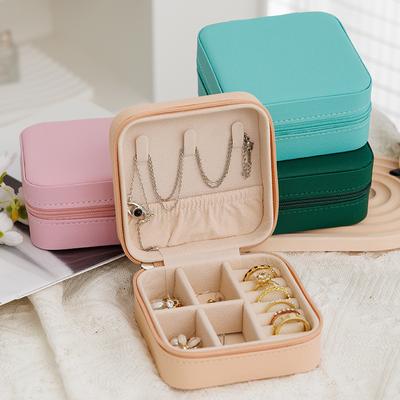 Mini Jewelry Storage Box  Travel Zipper  Earrings Storage Box Women Ring Organizer PU Leather Display Case