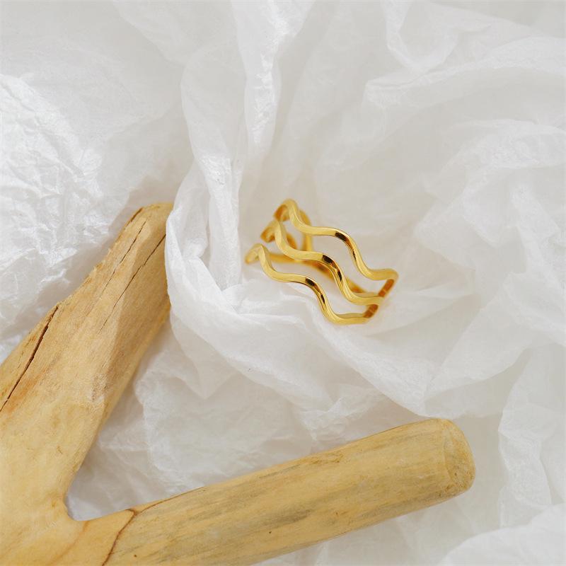 French Retro Gold-Plated Wave Ring - Stackable, Three-Layer Geometric Design for Women