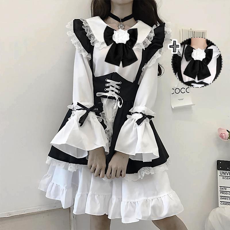 S-XL fofo traje de empregada lolita preto e branco com vestido de menina lolita terno de chefe para senhoras