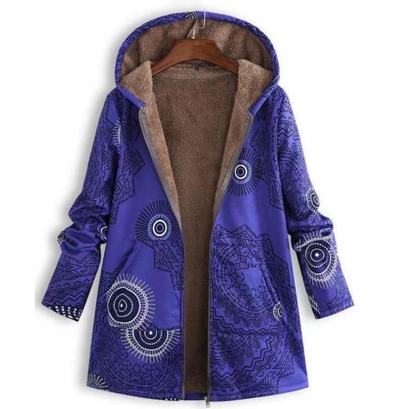 Women Casual Outwear Winter Warm Retro Printed Pockets Zipper Hooded Thicker Coat Plus Size