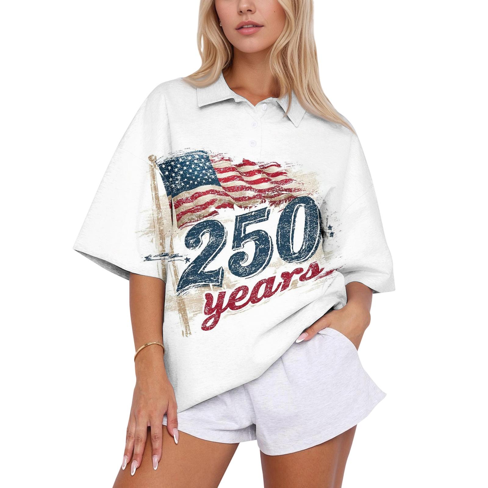 

Women s Casual Polo Shirt Loose Fit Short Sleeve Button Down Top Printed Star Pattern Summer Blouse XL