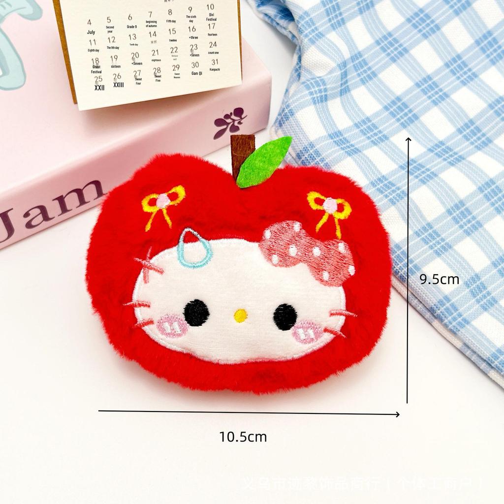 Cartoon Heart Kitten Doll Pendant with Apple, Strawberry, and Bear Brooch Decor.