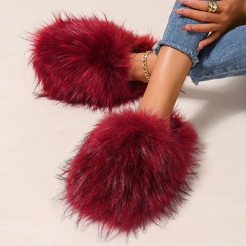 Fashion Fashion Warm Slippers Luxury Slippers Women Open Toe Raccoon Fur Slides Woman Shoes Women Flat Half Slippers Comfortable Shoes
