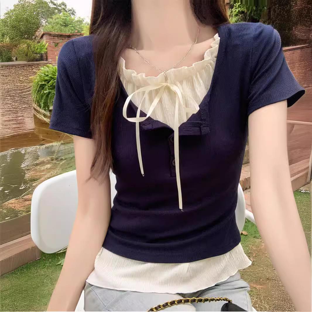 

Футболка из двух частей с короткими рукавами в стиле Pure Desire, женская летняя женская одежда, новый короткий топ с черными ушками XL темно-синий