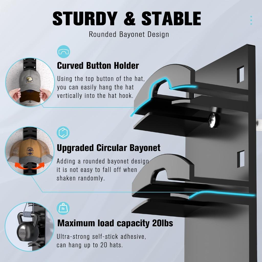 Hat Organizer For Baseball Caps  Hat Rack For Wall With Strong Adhesive To 10 Hats,  Cap Organizer Storage Multilayer Two Mounting Option( Black)