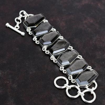 Faceted Silver Sheen Obsidian Bracelet Gemstone Jewelry 925 Sterling Silver Bracelet Adjustable Chain Bracelet Handmade Bracelet for Gifts