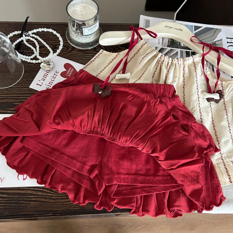 Korean-Style Summer 2025 Girls' Academy Sling Top & Red Skirt Pants Set