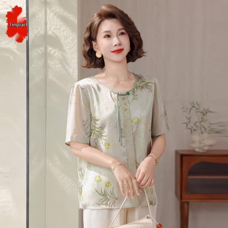New Chinese Style Floral Print Short Sleeve Top 5XL зелёный