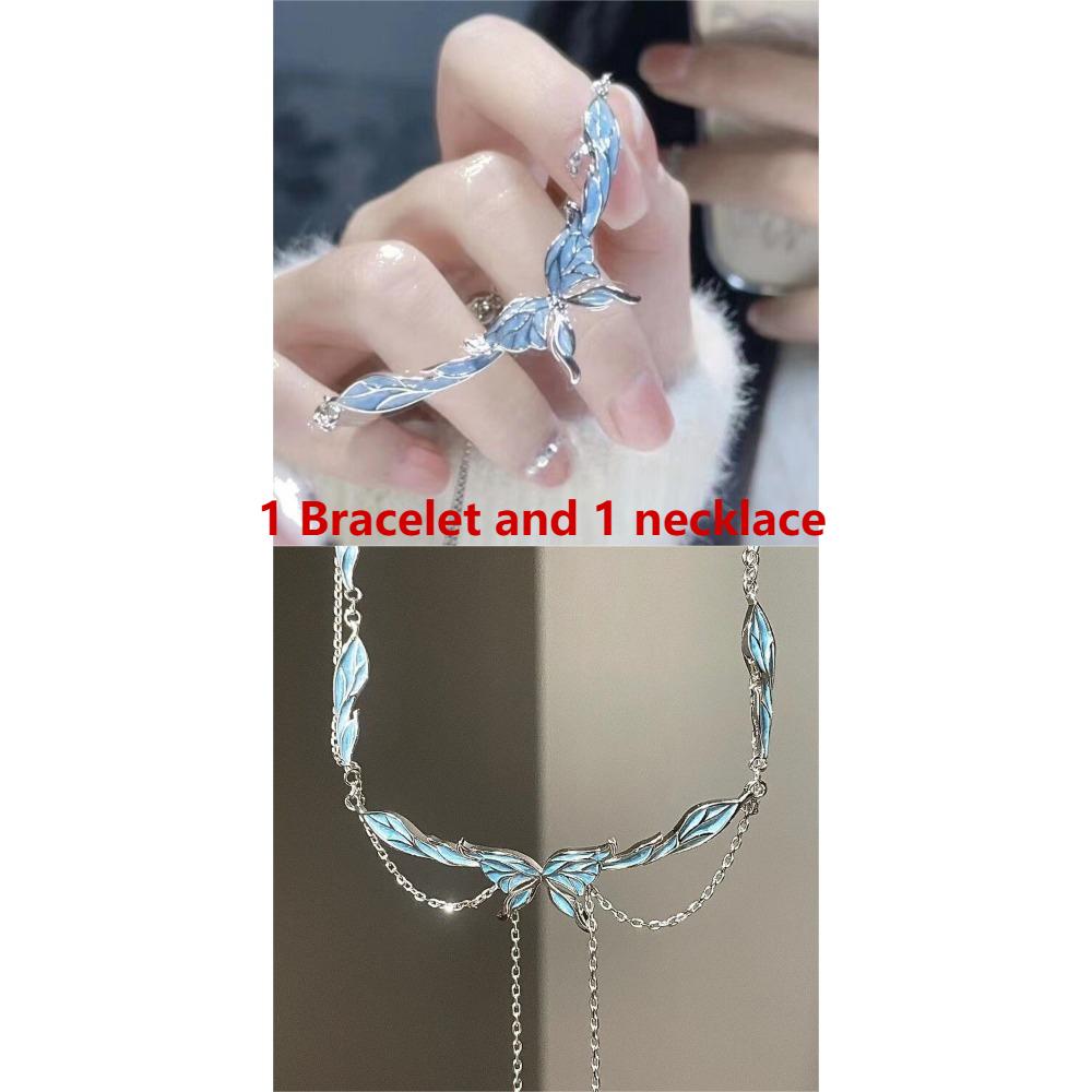 Zircon Butterfly Necklace Set Layer Blue Four-pointed Ins Style Light Luxury Clavicle Chain for Women Girlfriend Jewelry Gift