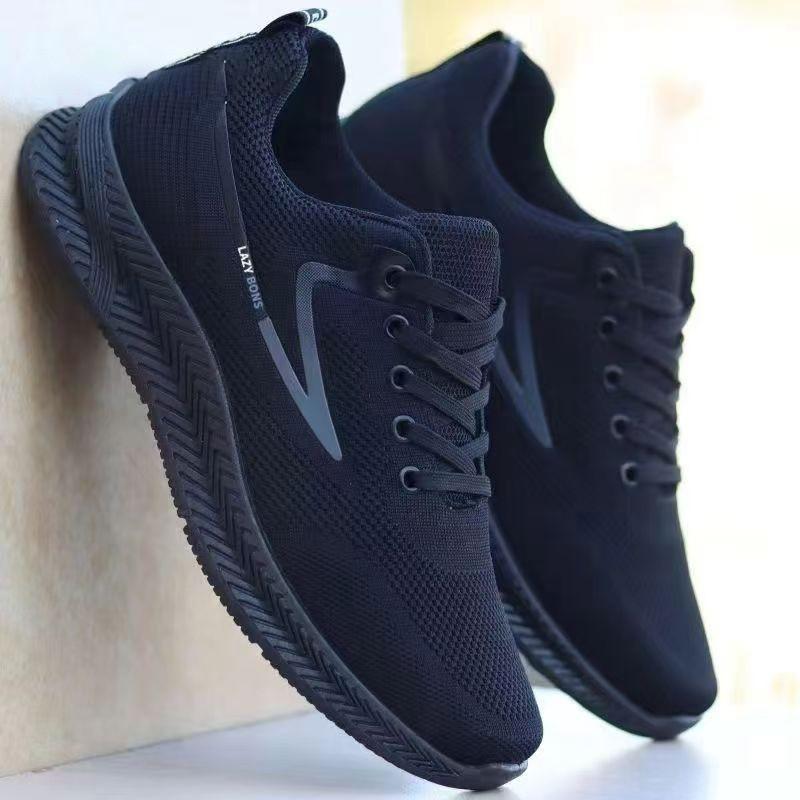 

Summer new black men s shoes fly-woven mesh breathable not stuffy feet casual shoes thick-soled lightweight sports work shoes 44 чёрный