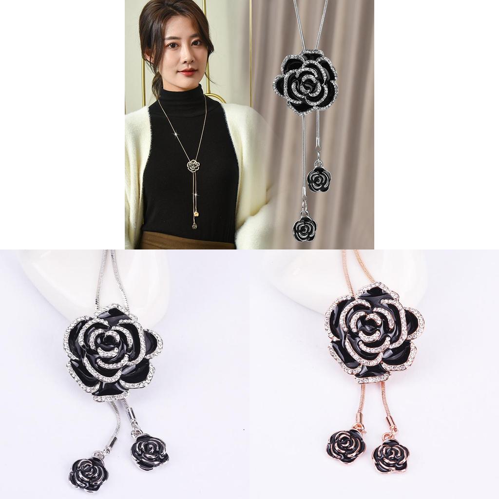 Romantic Rose Pendant Long Chain Necklace With Alloy Flower For Women Jewelry Gift