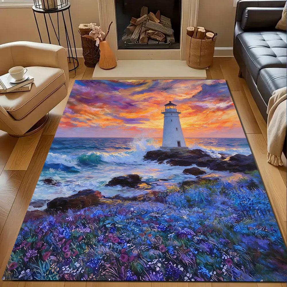 Lighthouse Sunset Over Waves Patterned carpet, non slip mat suitable for living room and bedroom sofas