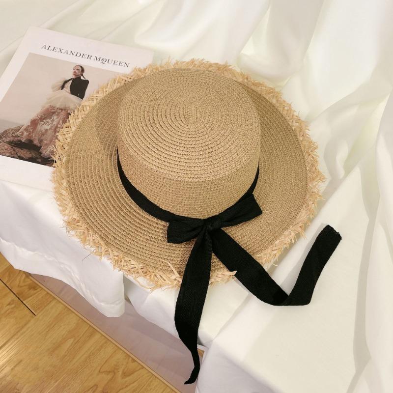 Lace bow big brim straw hat women's summer breathable sunshade sunscreen beach hat sweet bucket hat