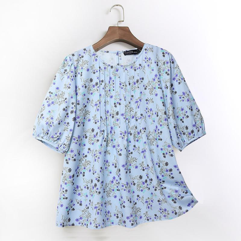 

ZANZEA Женская повседневная блузка с круглым вырезом, цветочным принтом и коротким рукавом 2XL синий