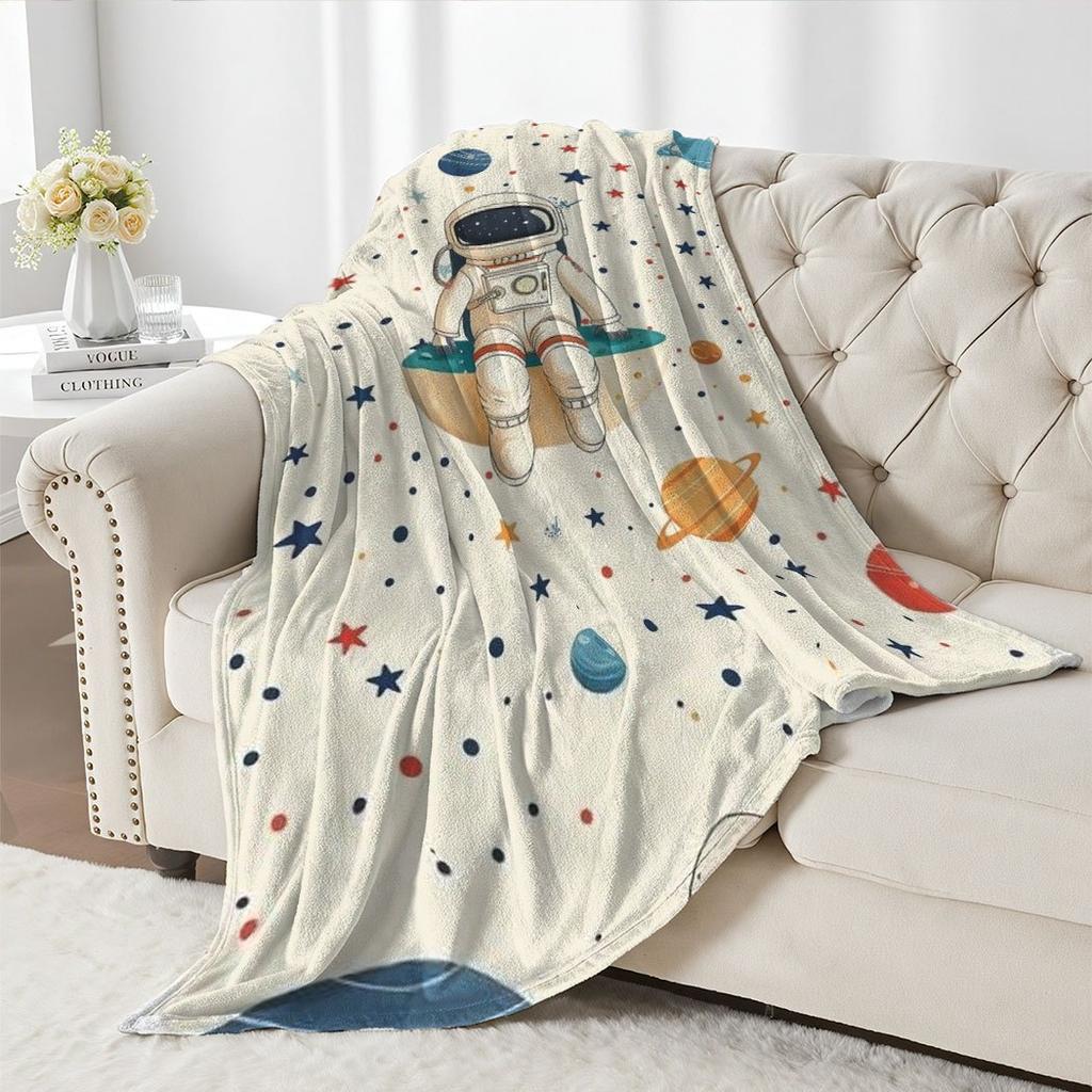 Flanelová deka s potiskem astronautů a vesmíru, měkký a útulný fleece, na postel, pohovku, dětský pokoj, celoroční, zábavný dárek