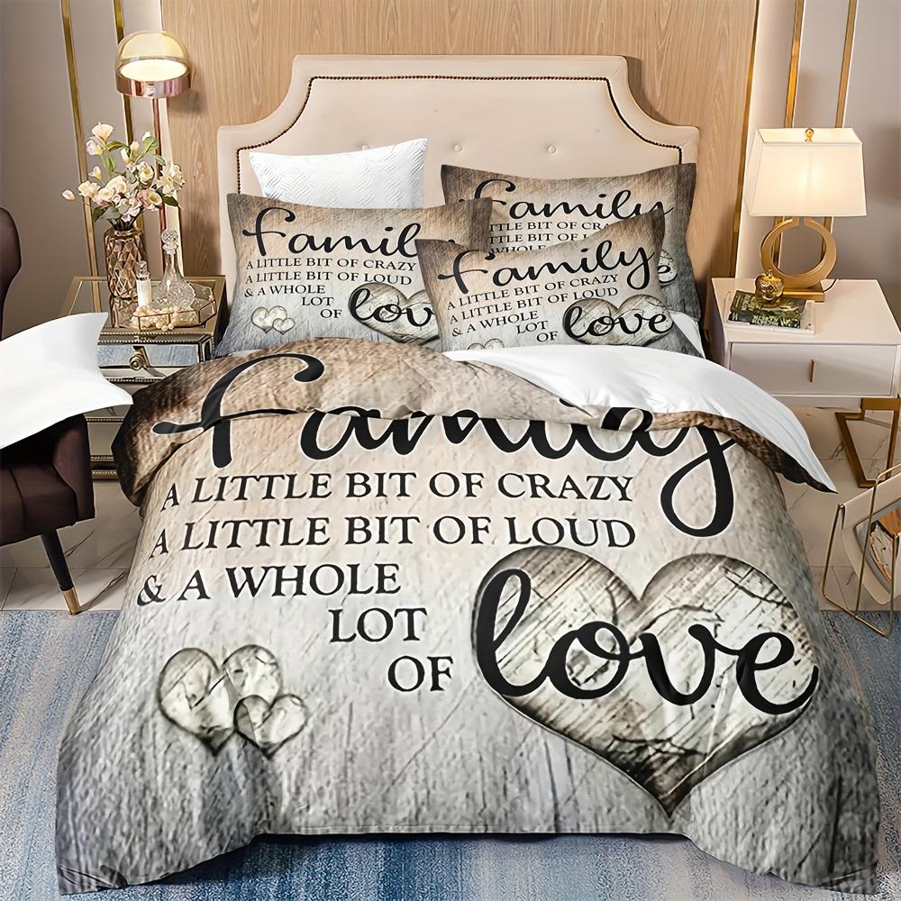 3PCS Family Letter Duvet Cover Stylish and Fun Family Letter Pattern Printed Beding Sets Queen King Size For Bedroom Decor