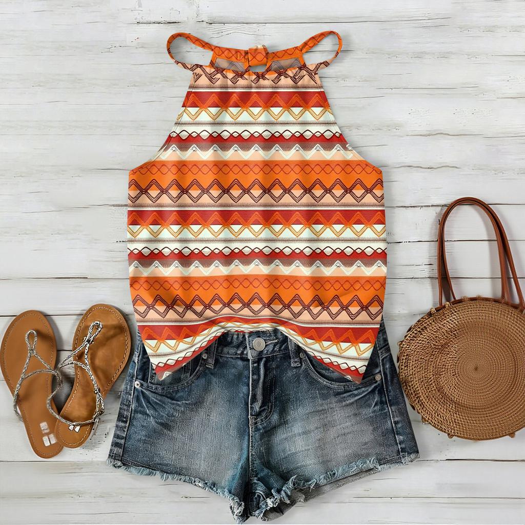Women Geometric Print Bohemian Style Sleeveless Neck Tank Top Loose Fit Summer Blouse for Outdoor and Daily Wear