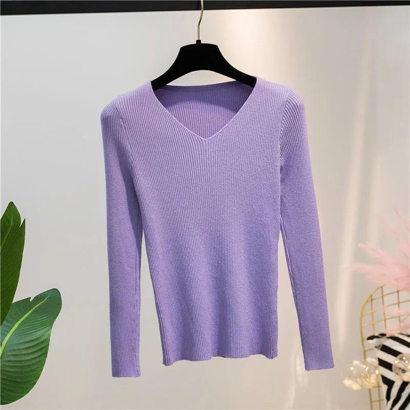 Women Sweater Autumn Long Sleeve Pullover Basic Top Fashion V-neck Elastic Female Winter Solid Knitted Jumper Sweater