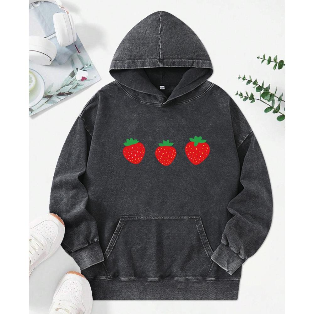 Cute Little Strawberry Print Washed Hoody Hip Hop Multicolor Streetwear Creativity Pullovers Street Pocket Women Hoodie