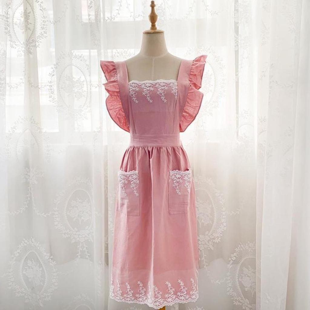 Washed Cotton Linen Lace Aprons Cooking Kitchen Aprons Flower Shop Garden Ruffles Work Clean Apron for Woman Overalls Dress