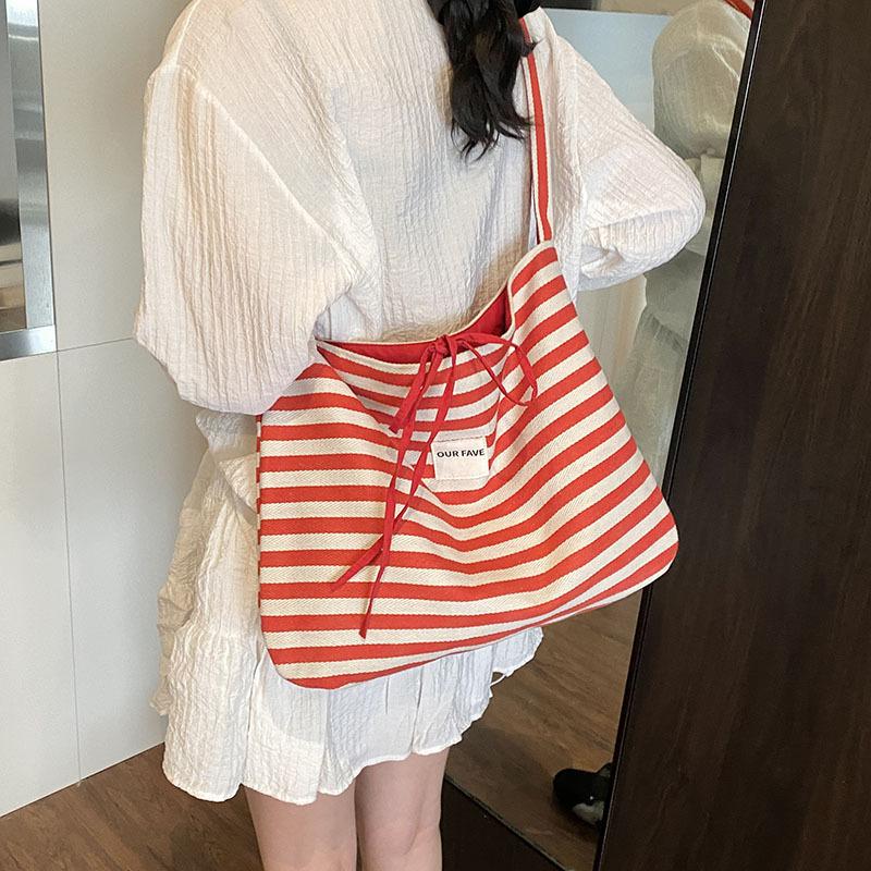 Striped canvas bag 2025 new lazy wind tote bag student large capacity casual shoulder bag women