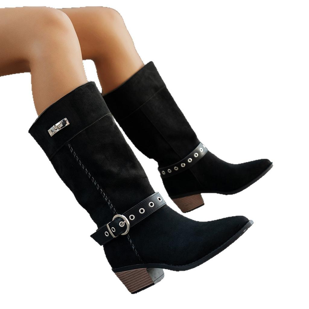 Winter new sleeve suede belt buckle northwest wind two wear pile boots retro pointed knight boots travel