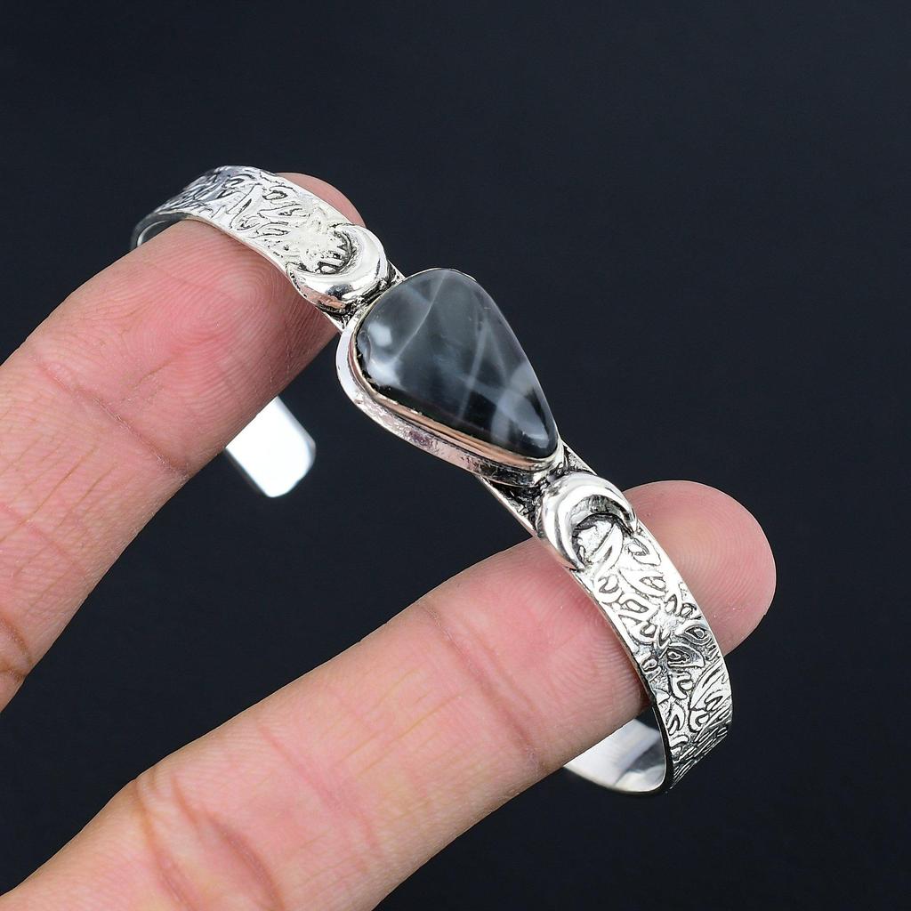 Daughters Day Deal 925 Sterling Silver Fume Agate Stone Crescent Moon New Bangle