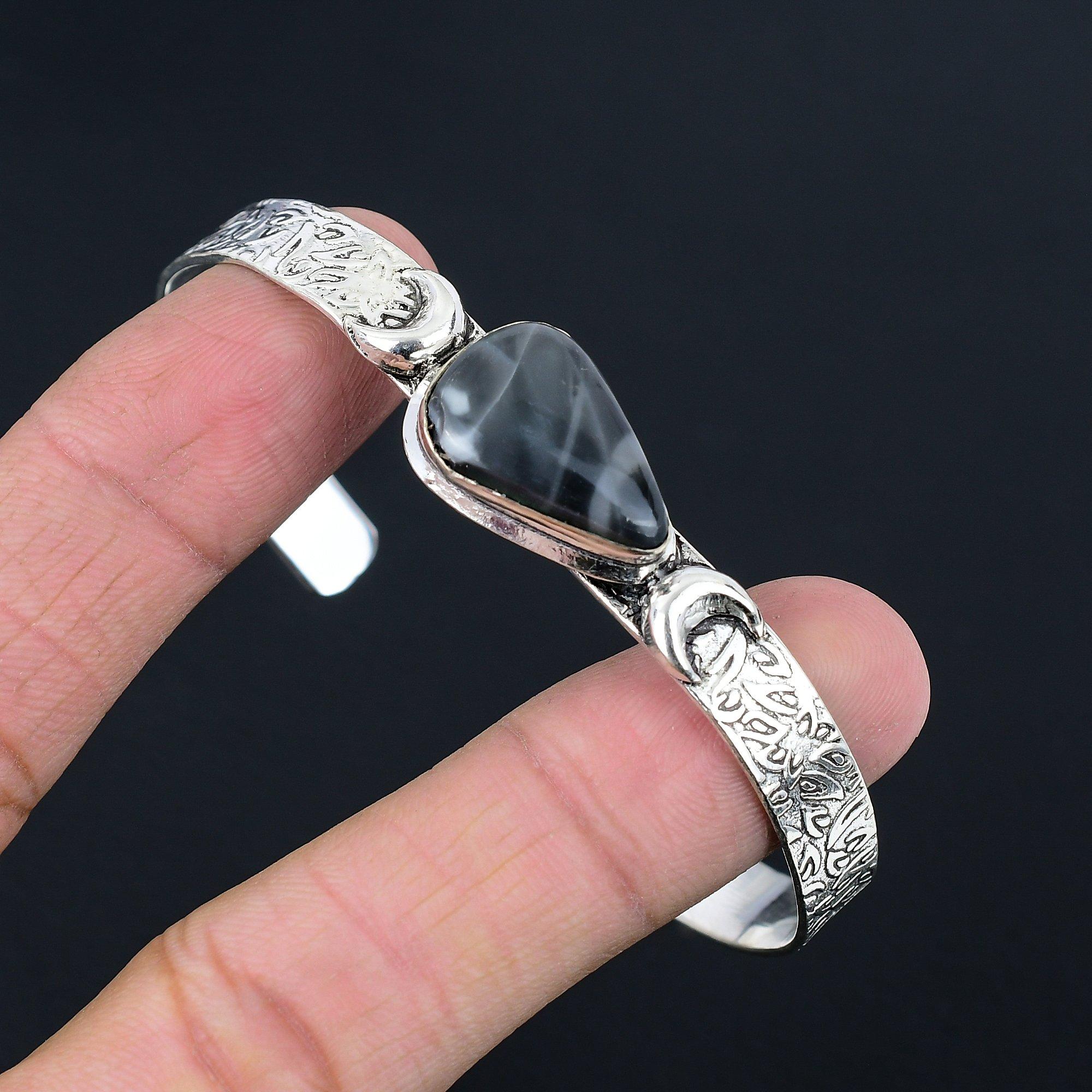 

Сделка ко Дню дочери Серебро 925 пробы Дымчатый агат Камень Полумесяц Новый браслет-манжета Adjustable