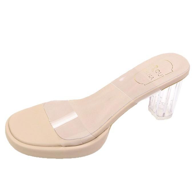2025 new crystal sense word belt women's summer small wear high heels transparent slippers public design thick heel sandals