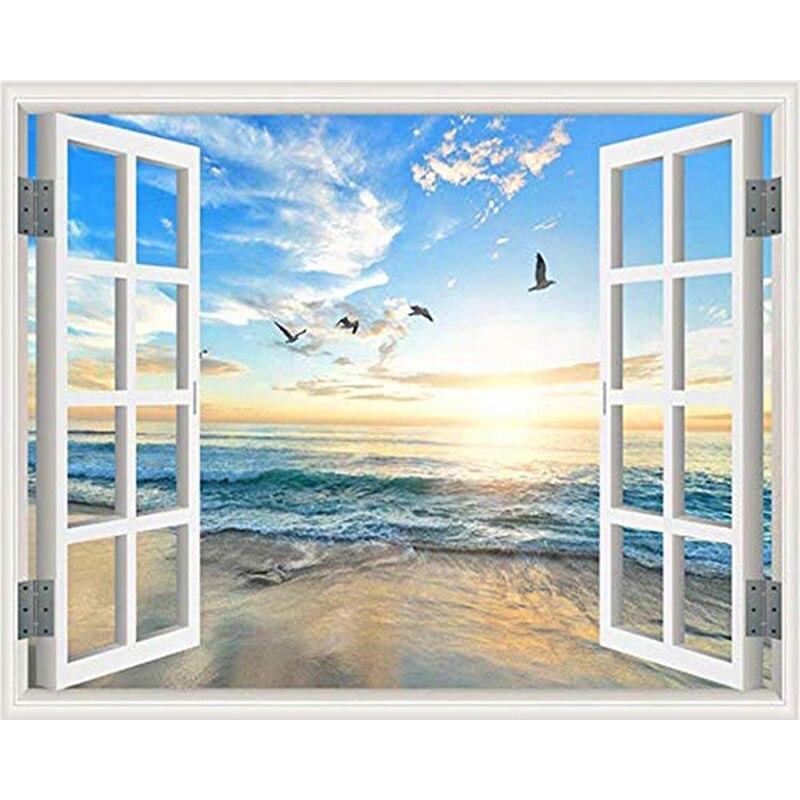 5D Full Drill Round Diamond Painting Window Seaside Landscape Embroidery Sale Rhinestones Mosaic Wall Art 40x50cm