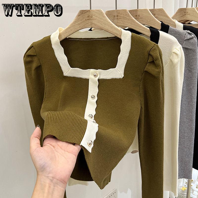Women spring autumn vintage Long Sleeve Jumper Spliced Square Neck Soft Comfortable Slim Button Decoration Front Knit Sweater