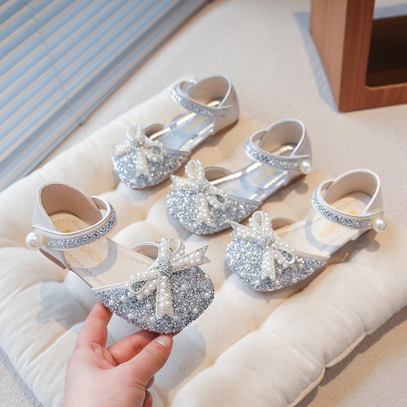 Girls princess shoes spring and summer new children's leather shoes little girl little princess silver soft-soled bow shoes