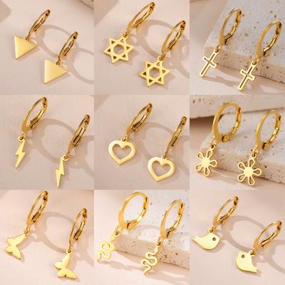 Stainless Steel Gold Pendant Hoop Earrings Heart Hexagon Snake Cross Butterfly Flower Bird Jewelry Gift