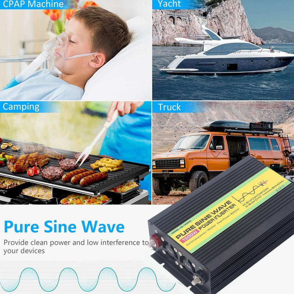 1500W Pure Sine Wave Power Inverter DC 12V To AC 220V Peak Power 3000W with LCD Single Digital Display