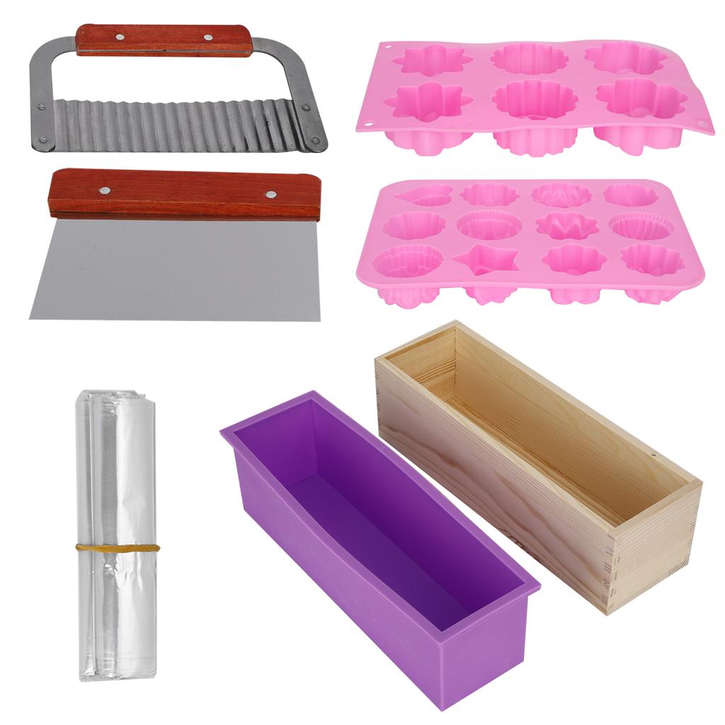 DIY Silicone Hand Made Soap Mold Set Wood Box Wavy Straight Cutter Molds Heat Shrinkage Film