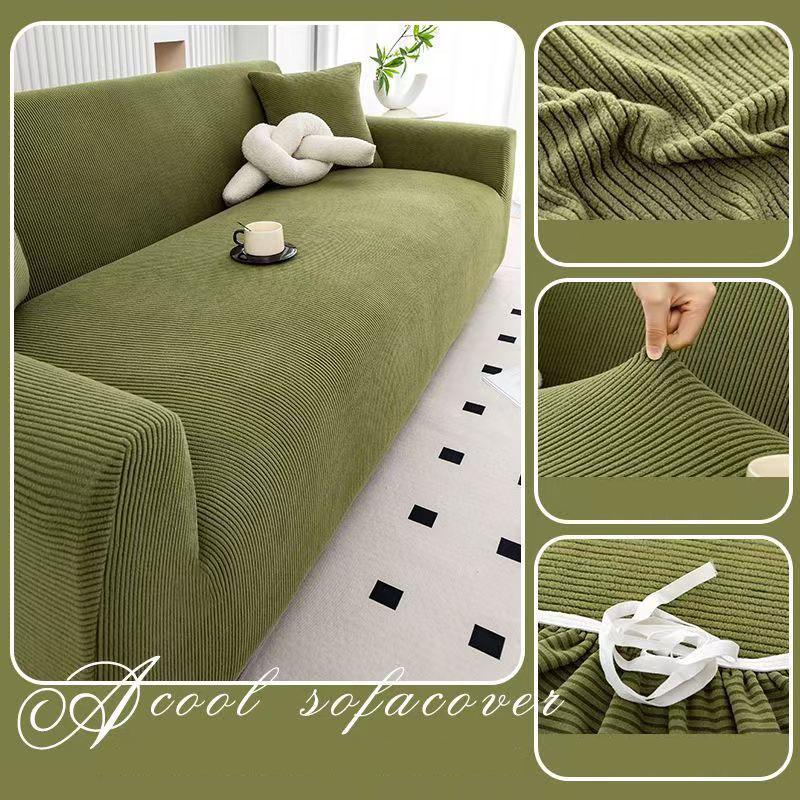

High Elasticity Polar Fleece Sofa Cover Four Season Thin Stripe All Inclusive Armchair Protector Solid Living Room Couch Covers 1 Seater 90-140 cm зелений