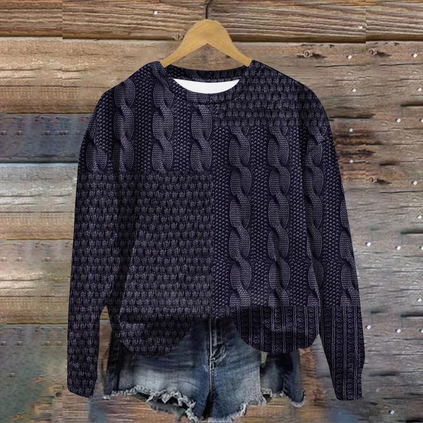 Женская мода ChristmasPrinted с длинным рукавом свободный круглый вырез толстовка Топ L — фото 7