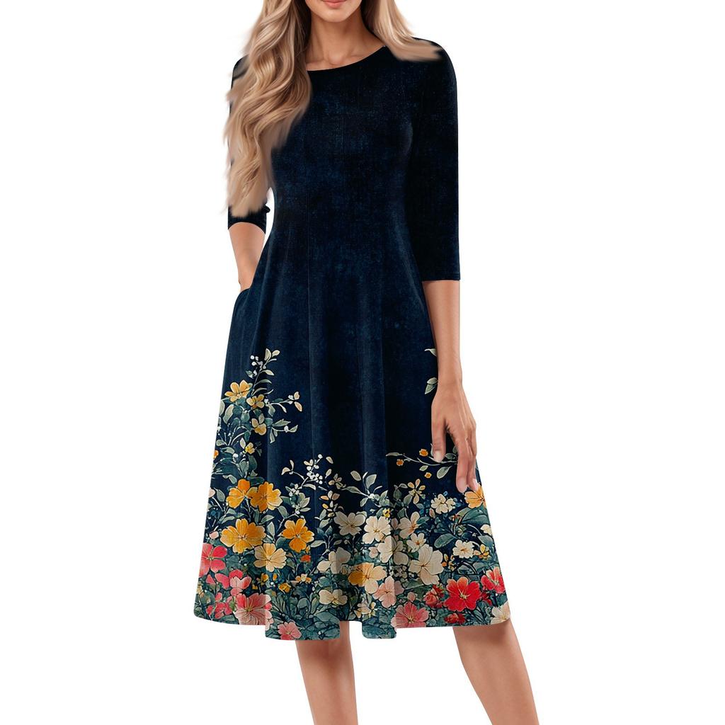 Women's Casual Fashion Round Neck Three-quarter Sleeve Floral Print Midi Dress