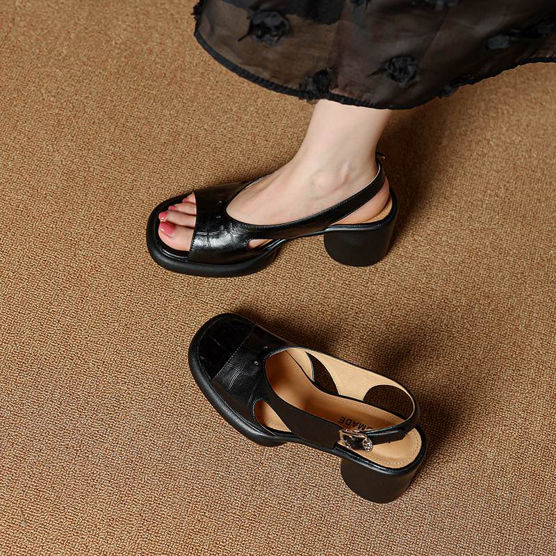 Krazing Pot Cow Skin Peep Toe Size 41 Round High Heels Summer Shoes Buckle Straps Beige Color Vintage Sandals