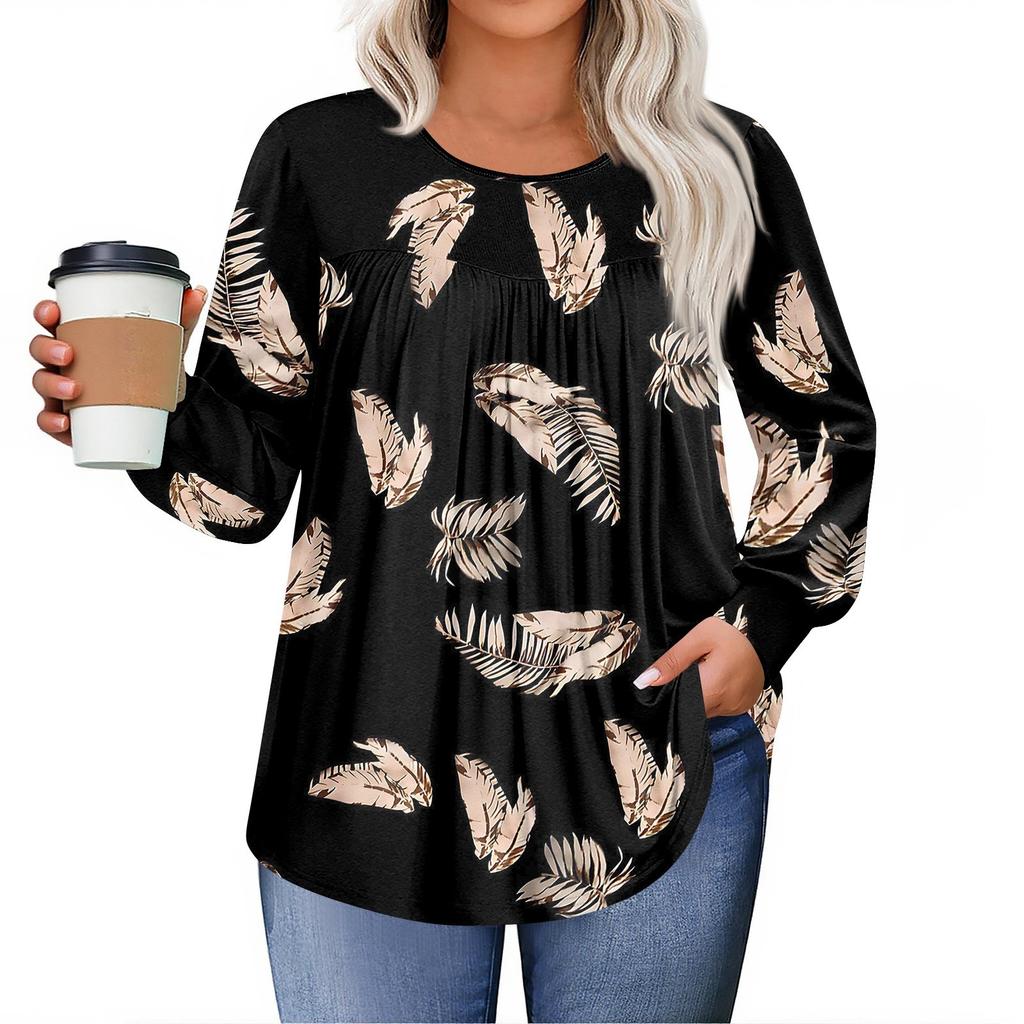 Womens Plus Size Tops Long Sleeve Shirts Round Neck Flowy Tunic Casual Loose Blouse L-5X