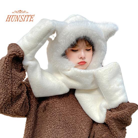 

Уютная зимняя шапка, шарф, перчатки, комплект с изображением маленького медвежонка, встроенная защита ушей, однотонный, сохраняющий тепло, комплект из трех предметов, милый с капюшоном белый