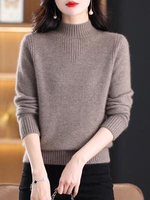 Women's 100% Wool Thick Knit Half-High Collar Winter Sweater for Middle-Aged and Elderly