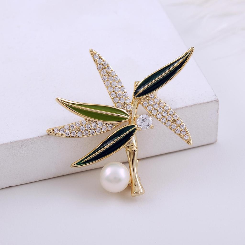 Elegant Chinese Freshwater Pearl & Bamboo Brooch with Zircon Accents - Women's Luxury Suit Accessory